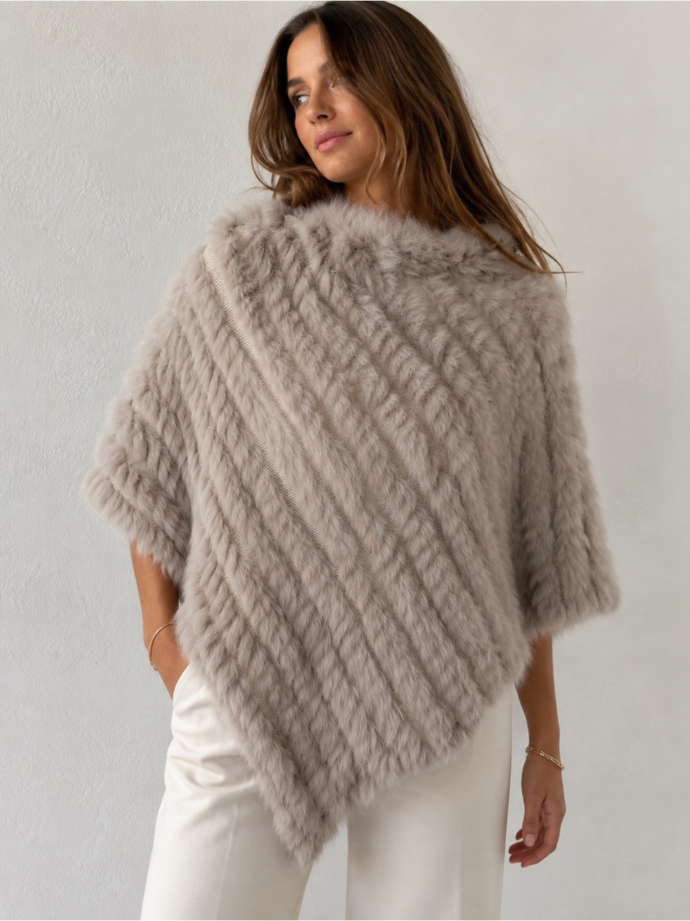 Adrienne Landau grey real Rabbit Fur Wrap poncho